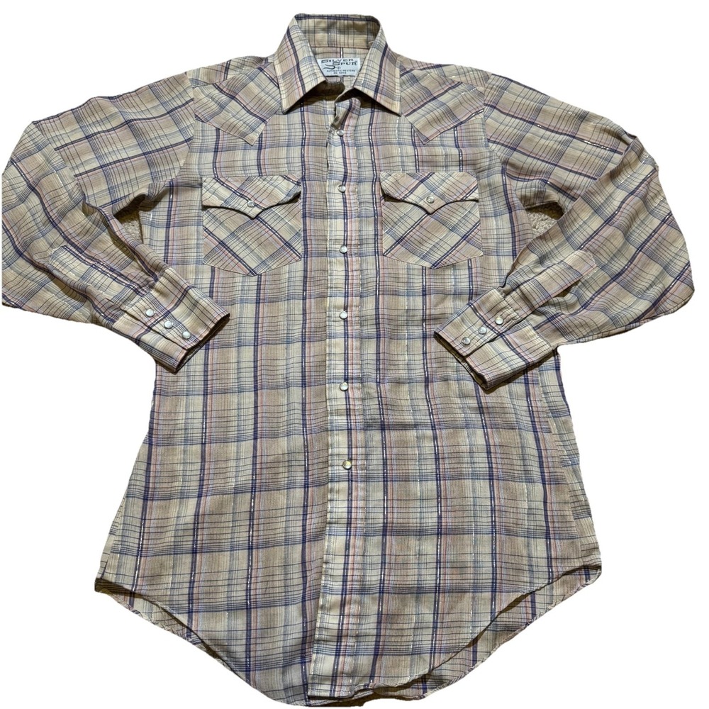 Silver Spur‎ Long Sleeve Shirt Beige Women's Plaid Vintage Button Up Pearl Snap